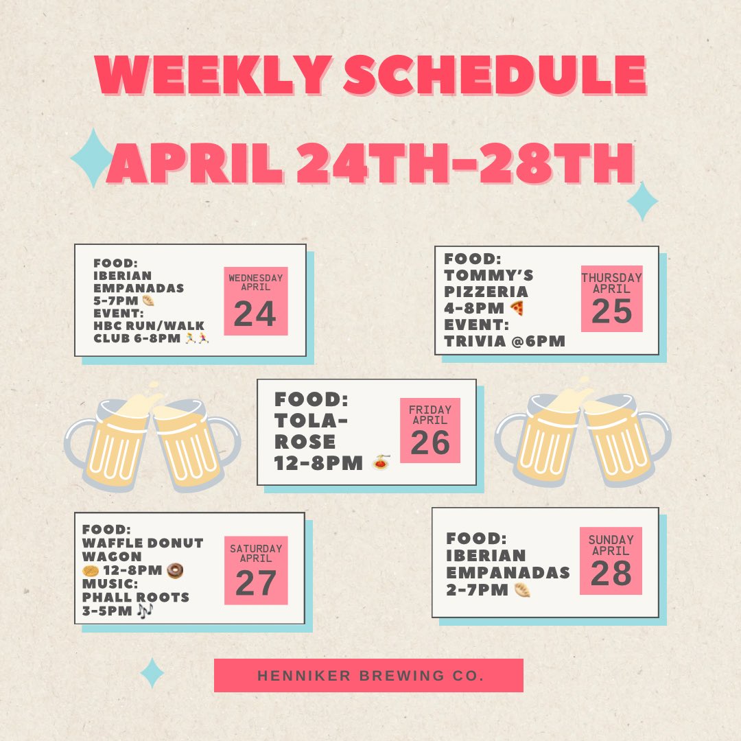 Weekly Schedule, yummy week coming up here at HBC!! 🍻