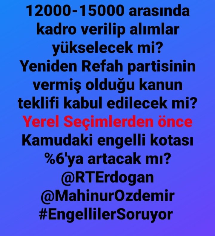 Temmuz-Ağustos 2024 ayları arasında EKPSS 2024sınavı sonrası hakkımız olan 8000 EKPSS atamasının yapılmasını istiyoruz @RTErdogan  @ErbakanFatih @Engelsiz_Refah  @HazinogLuu @TkgzAhmt @rprefahpartisi @MahinurOzdemir @yusufcelebitsk @SayinVeysi #EngelliEkAtamaİstiyor @TkgzAhmt