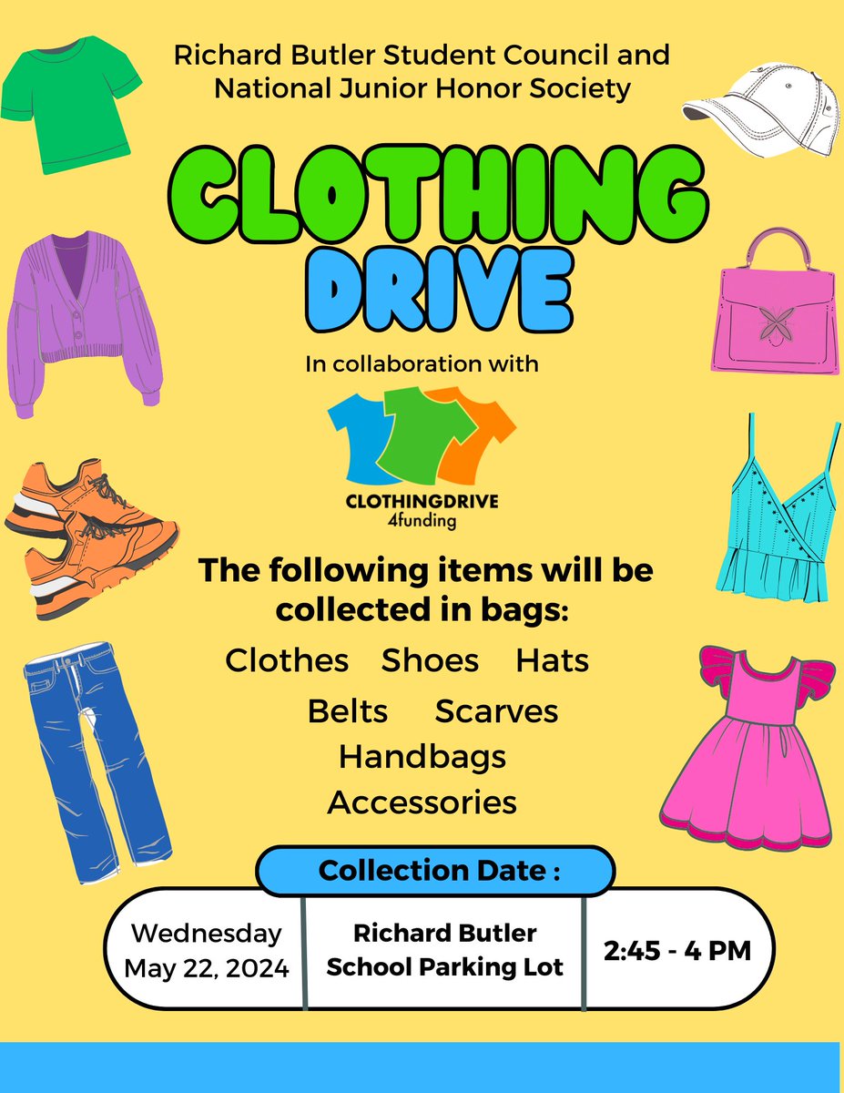 Spring cleaning?! Start saving up your bags of clothes to donate to the RBS Student Council and NJHS Clothing Drive fundraiser. The collection will be Wednesday, 5/22 from 2:45-4pm in the RBS parking lot. Thanks in advance for your donations!