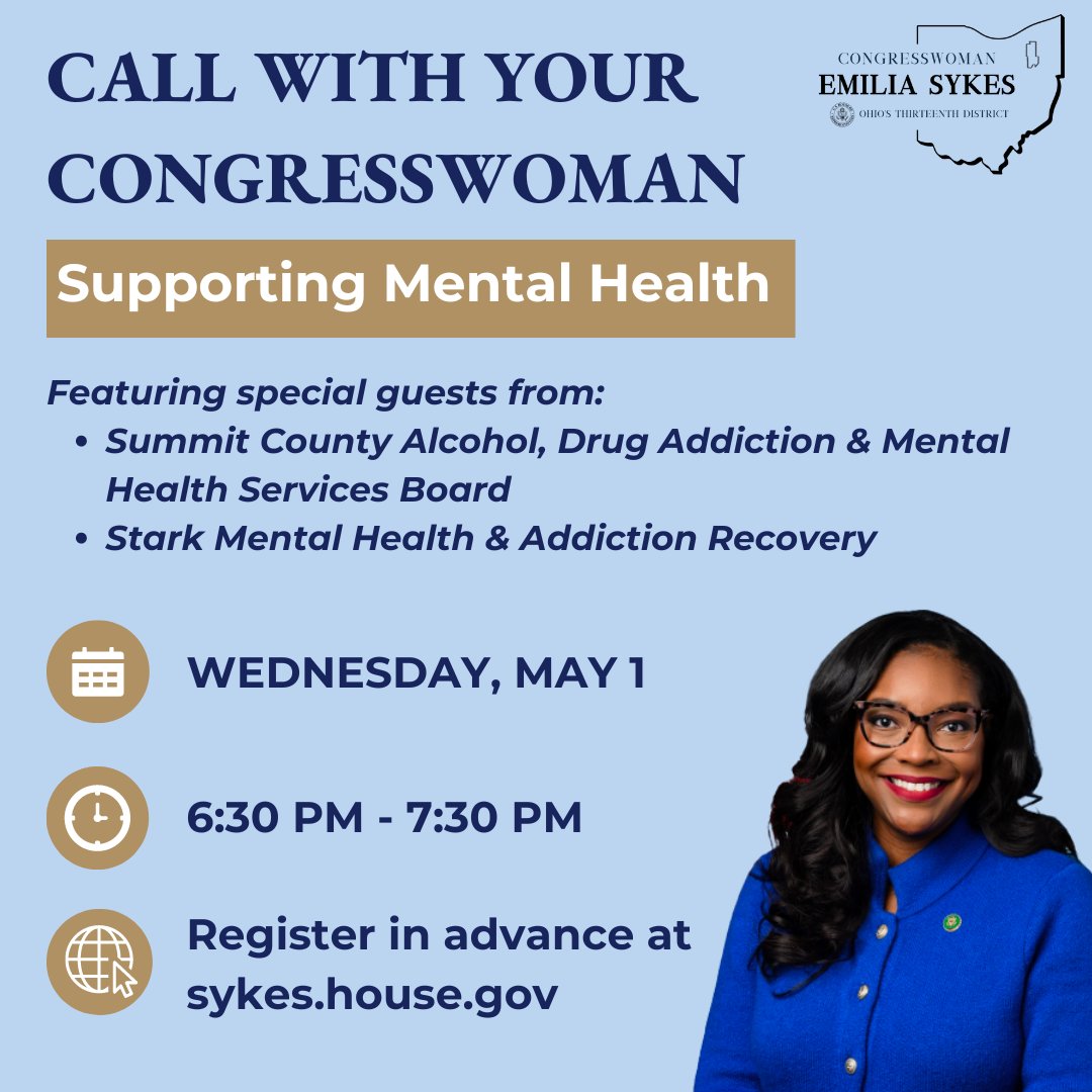 Join Rep. Sykes and guests from the Summit ADM Board and Stark Mental Health & Addiction Recovery for a Call With Your Congresswoman about mental health on Wednesday, May 1 from 6:30-7:30. Register in advance at sykes.house.gov/live