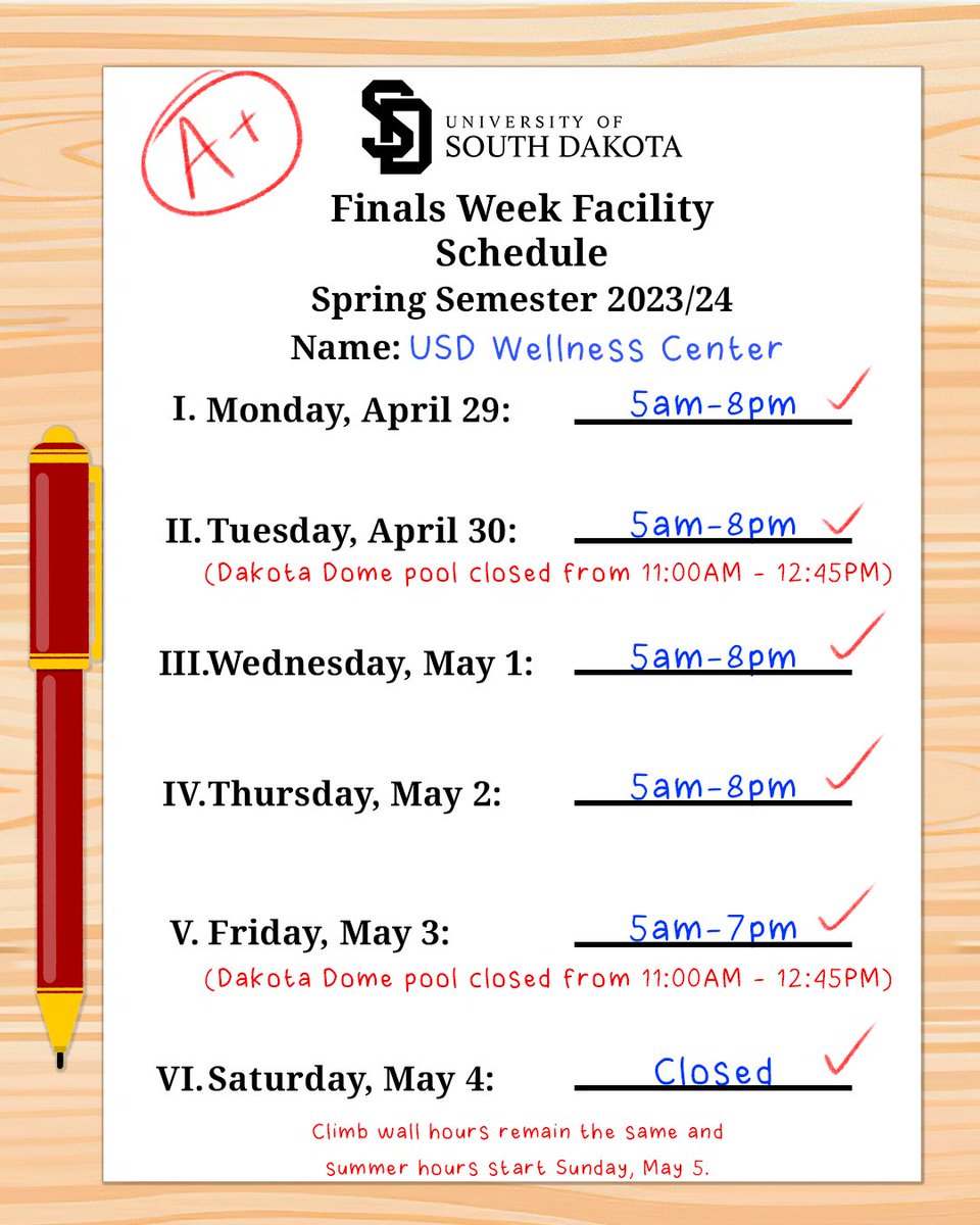 Finals week facility schedule