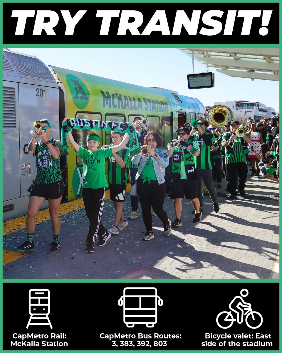 Heading to the @AustinFC vs. LA Galaxy match on April 27? ⚽ #TryTransit 🚇 Ride CapMetro rail to McKalla Station 🚍 Ride CapMetro bus routes 3, 383, 392, or 803 🚲 Use FREE bicycle valet on east side of Q2 stadium More info 👉 bit.ly/3xTS8cQ