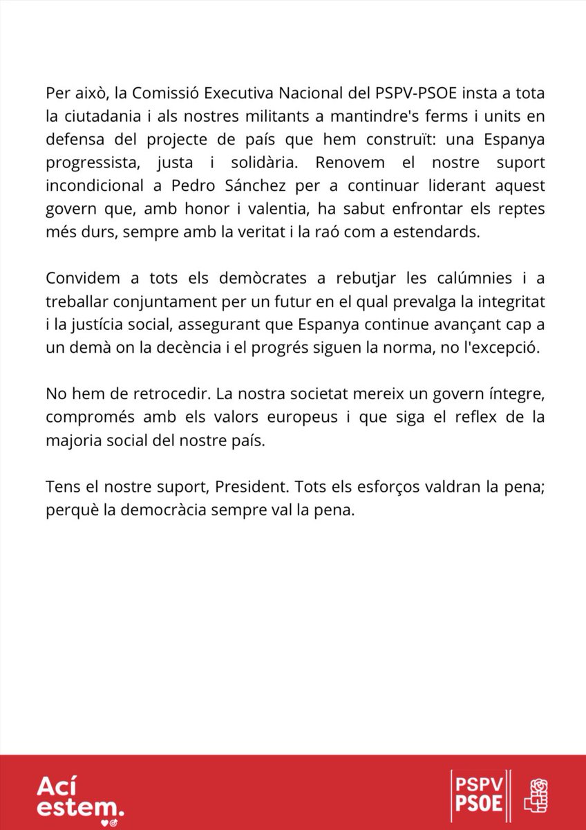 Tens el nostre suport, president @sanchezcastejon. Tots els esforços valdran la pena; perquè la democràcia sempre val la pena. 📄 Resolució aprovada per l'Executiva del PSPV-PSOE 👇🏼