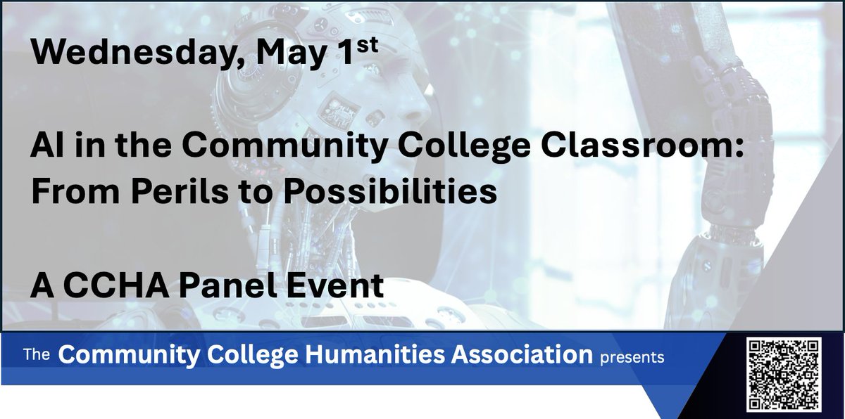 Don't forget to join us on at 4:00 Eastern on May 1st for 'AI in the Community College Classroom: From Perils to Possibilities' #humanities #communitycolleges
Register for Free Today! 
cchumanities.org/connect/commun…