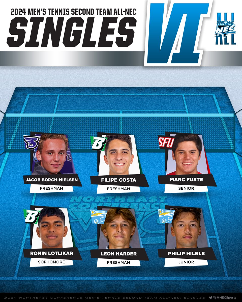 2️⃣0️⃣2️⃣4️⃣ All-@nectennis Men's Second Team (Singles) 🥈👀 ▪️Jacob Borch-Nielsen, @GoStonehill ▪️Filipe Costa, @BU_Bearcats ▪️Marc Fuste, @SFUathletics ▪️Ronin Lotlikar, @BU_Bearcats ▪️Leon Harder, @LIUathletics ▪️Philip Hilble, @LIUathletics #NECtennis🎾 #NECelite🏅