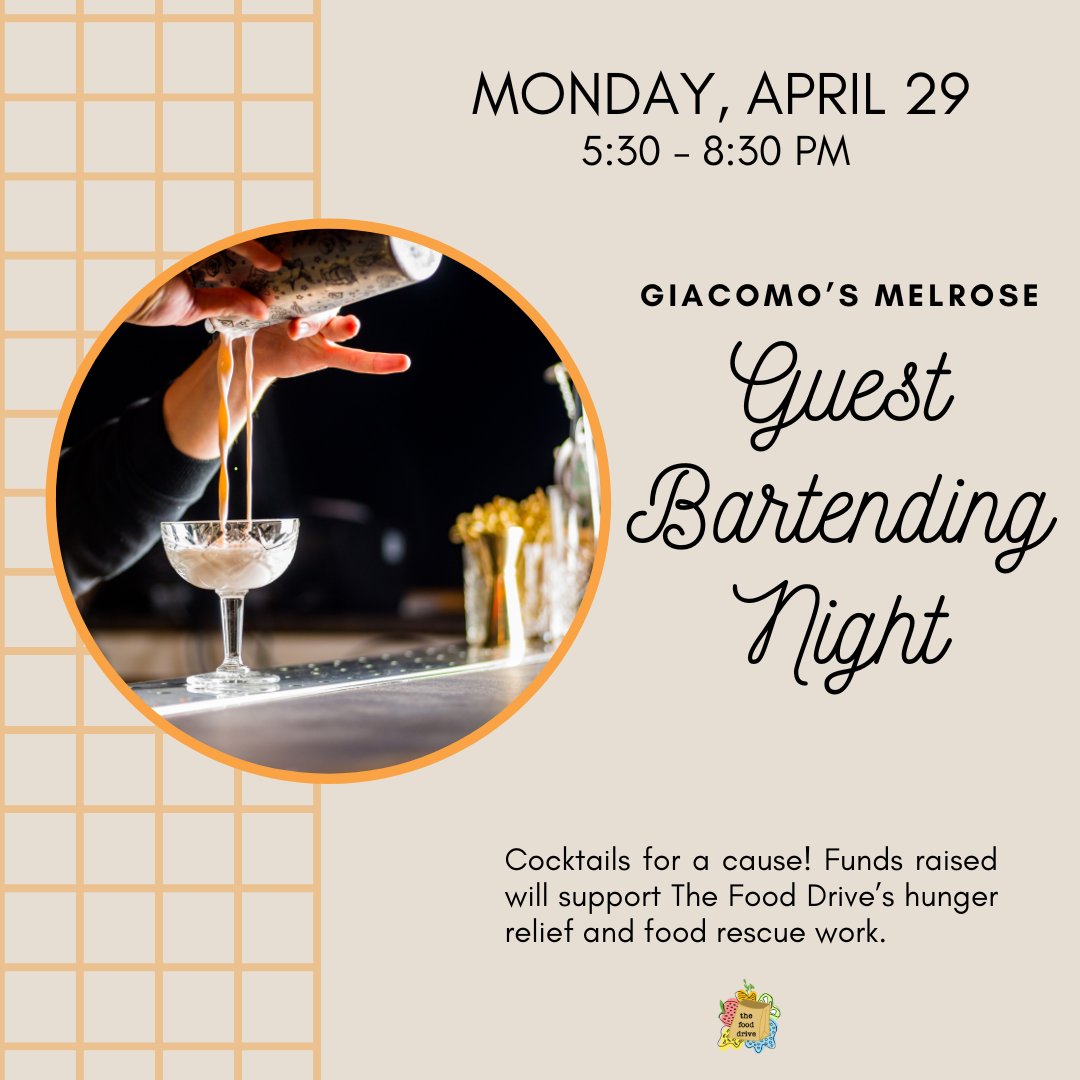 Join us this Monday, April 29 for our Guest Bartending Night at Giacomo's of Melrose! WHO WILL OUR SUPERSTAR BARTENDERS BE? Can you guess? Funds raised will support our hunger relief and food rescue work in our community. #endhunger #foodrescue #foodsecurity #melrosema