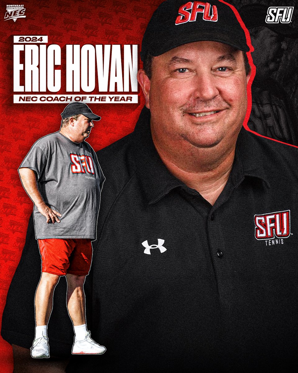 2️⃣0️⃣2️⃣4️⃣ @nectennis Men's Coach of the Year🏅 ➡️ Eric Hovan, @SFUathletics 📝 Hovan guided the 🔴⚡️ to a remarkable turnaround that yielded their first NEC title match appearance since 2017. He becomes the first-ever SFU coach to garner #COTY honors. #NECtennis🎾 | #NECelite