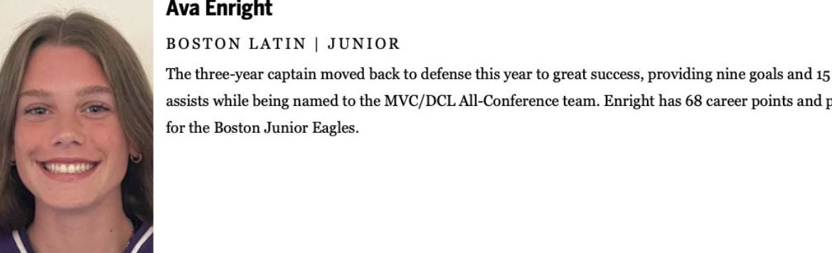 Congratulations to Junior Ava Enright on being selected as @GlobeSchools All Scholastic .@BLS_Athletics @bls1635blsa @AthleticsBPS @BostonJrEagles @MSHCA1 @MHLbbiglive @MassHSHockey @Mass_Hockey