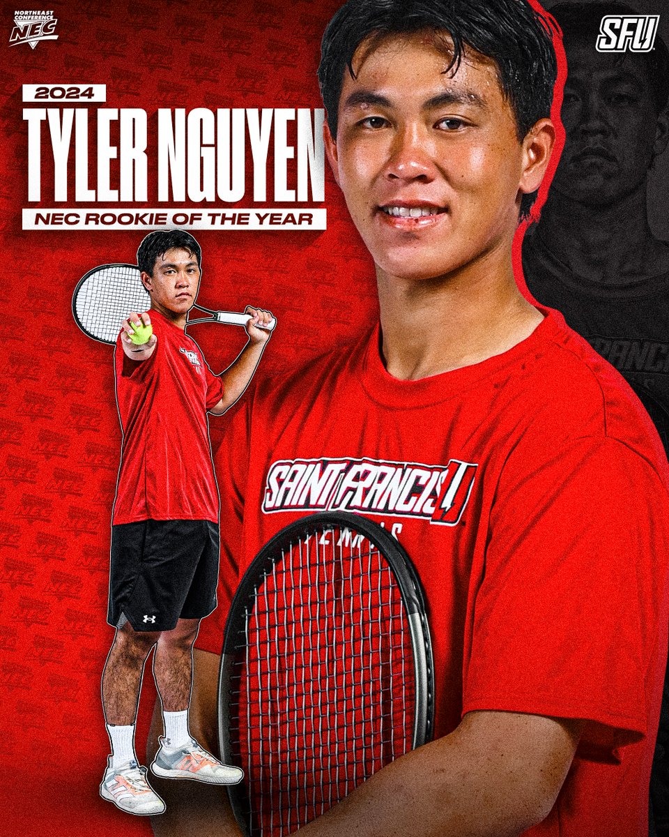 2️⃣0️⃣2️⃣4️⃣ @nectennis Men's Rookie of the Year🏅 ➡️ Tyler Nguyen, @SFUathletics 📝 Nguyen becomes the 3rd 🔴⚡️ freshman to take home #ROTY honors. The California native registered a 17-7 singles mark, including a team-best 7-1 record vs. NEC competitors. #NECtennis🎾 | #NECelite