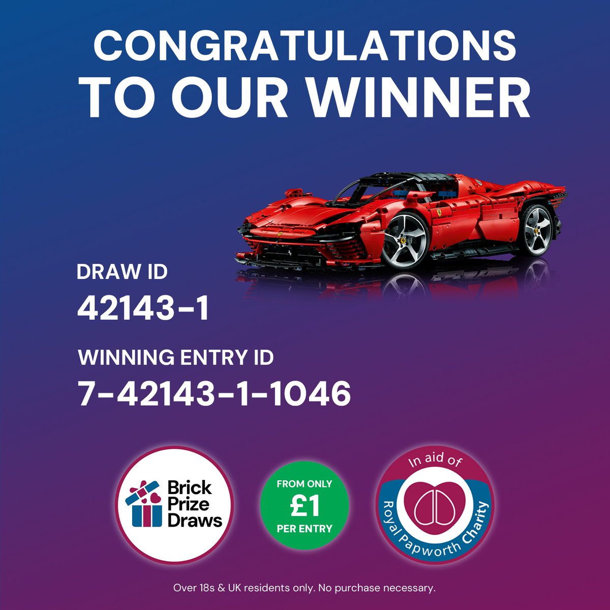 ⭐ LEGO Ferrari Daytona SP3 (42143-1)
🏆 Congratulations to winning Entry ID: 7-42143-1-1046

A huge congratulations to our winner, you're now the proud owner of a brand new LEGO Ferrari Daytona SP3 set! 

Browse our live draws: brickprizedraws.com

#lego #ferrari #prizedraw