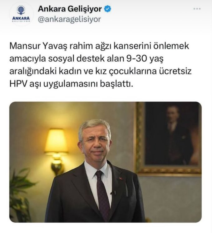 Mansur Yavaş bu ülkenin yüz akıdır. Toplumun bilinçlenmesi gereken en önemli konulardan biri olan HPV aşısı konusunda dilerim Sağlık Bakanlığı da böyle bir olumlu  hamle de bulunur.  #MansurYavaş