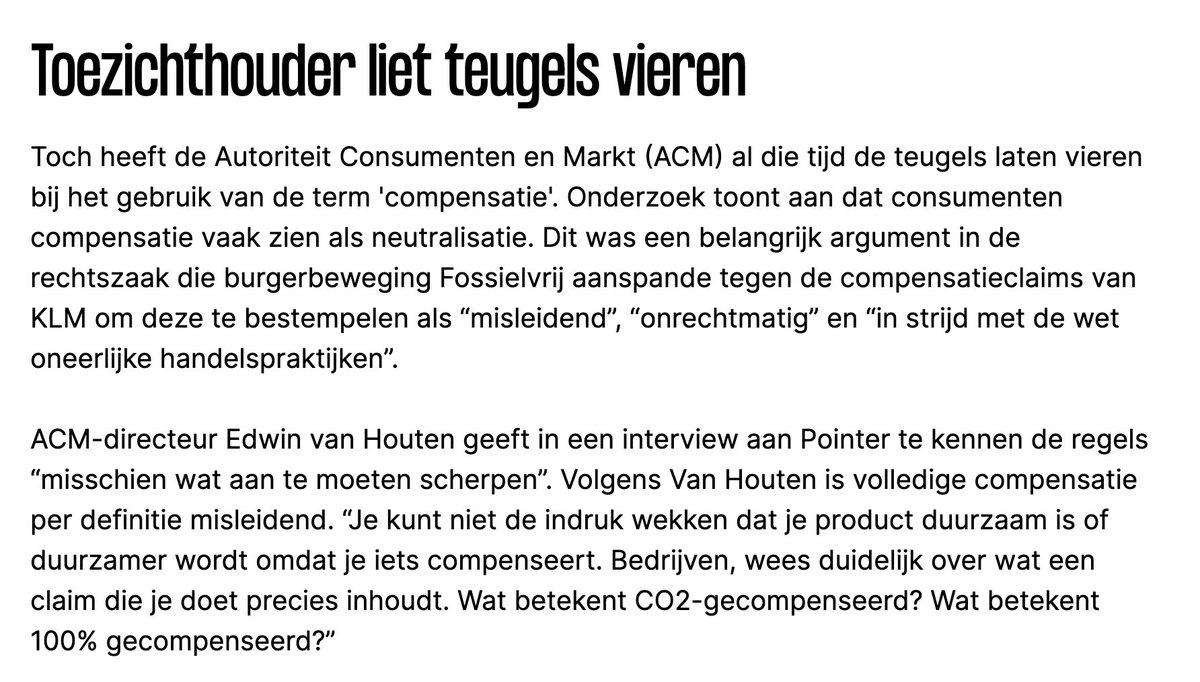 De slappe richtlijnen van ACM zijn een belangrijke reden waarom misleidende claims over CO2-compensatie zo lang kunnen rondzingen. Bemoedigend nieuws: het lijkt dat ACM n.a.v. de uitspraak in onze KLM-zaak de regels gaat aanscherpen. pointer.kro-ncrv.nl/energieleveran…