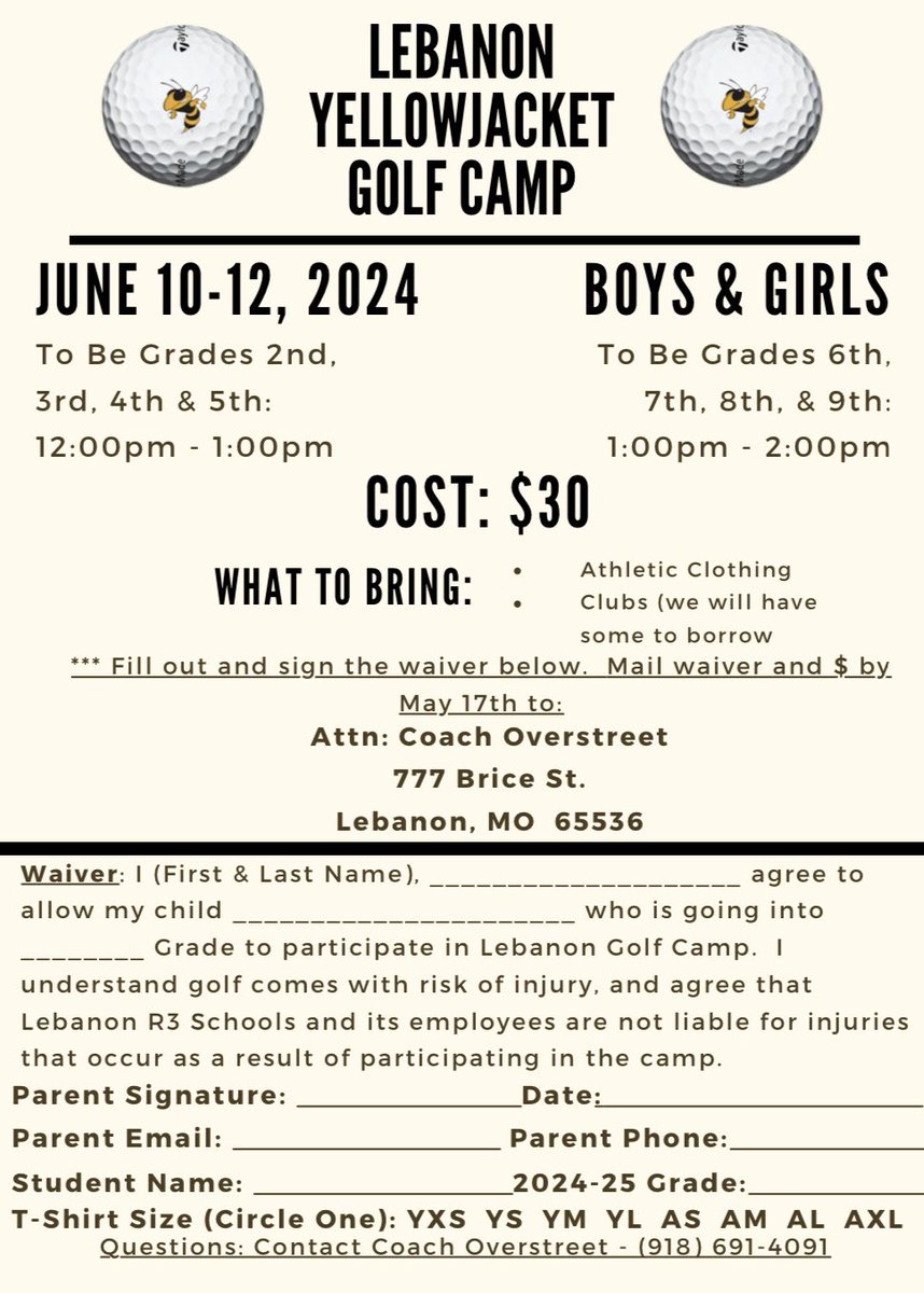 Here is information for our 2024 Lebanon Boys & Girls Golf Camp. 

Dates: June 10-12
Cost: $30
Time: For grades (to be) 2nd-5th 12:00-1:00 p.m. 6th-9th 1:00-2:00 p.m.

For any questions, please contact Head Boys Coach Trey Overstreet. 

@wchristianleb @JNS417