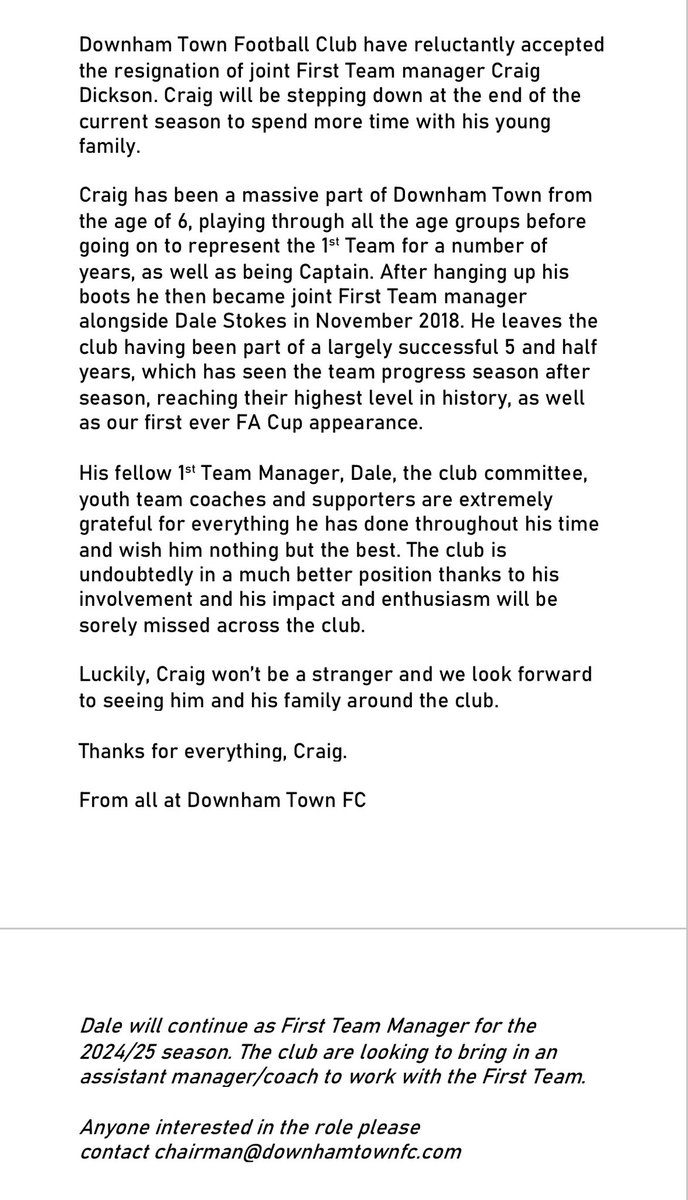 Club News: Dickson to step down as Joint Manager after 5 1/2 years