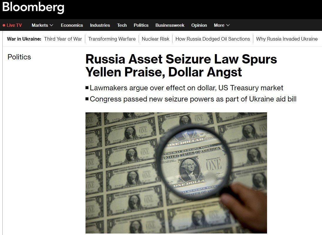 Konfiskata rosyjskich aktywów przez USA przyspieszy odejście od dolara - Bloomberg Konfiskata aktywów nie tylko doprowadzi do gwałtownego spadku popytu zagranicznego na amerykańskie obligacje skarbowe, ale także podważy rolę dolara w światowym systemie finansowym – pisze…