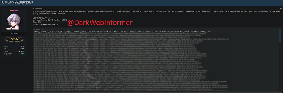 🚨DATA BREACH🚨Notorious threat actor, Ynnian, allegedly has breached Russia's 'Mr. CRAB.'🇷🇺

#Clearnet #DarkWebInformer #DarkWeb #Cybersecurity #Cyberattack #Cybercrime #Infosec #CTI #Russia 

Compromised Data:…