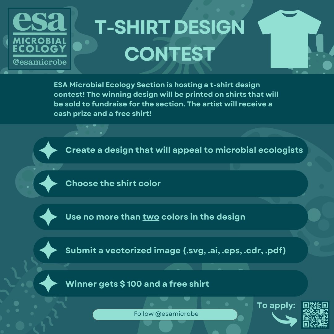 RT! The ESA Microbial Ecology Section is readying up for #ESA2024 by hosting a t-shirt design contest to help us fundraise 😎 🦠 The winning artist gets $100 and a free shirt! 🦠 Details and submission form are included below! forms.gle/sUXKUazcPKuZoU…