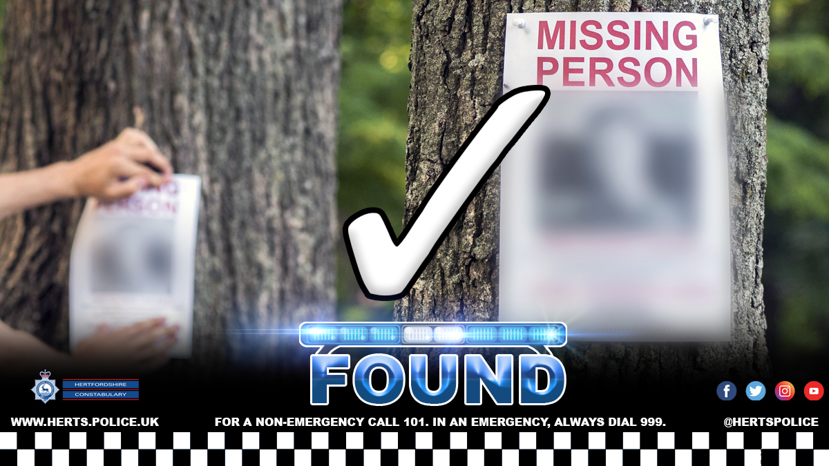Good news ✅ Andrew, who was reported missing from #StAlbans, has been located.

Thank you for sharing our appeal.