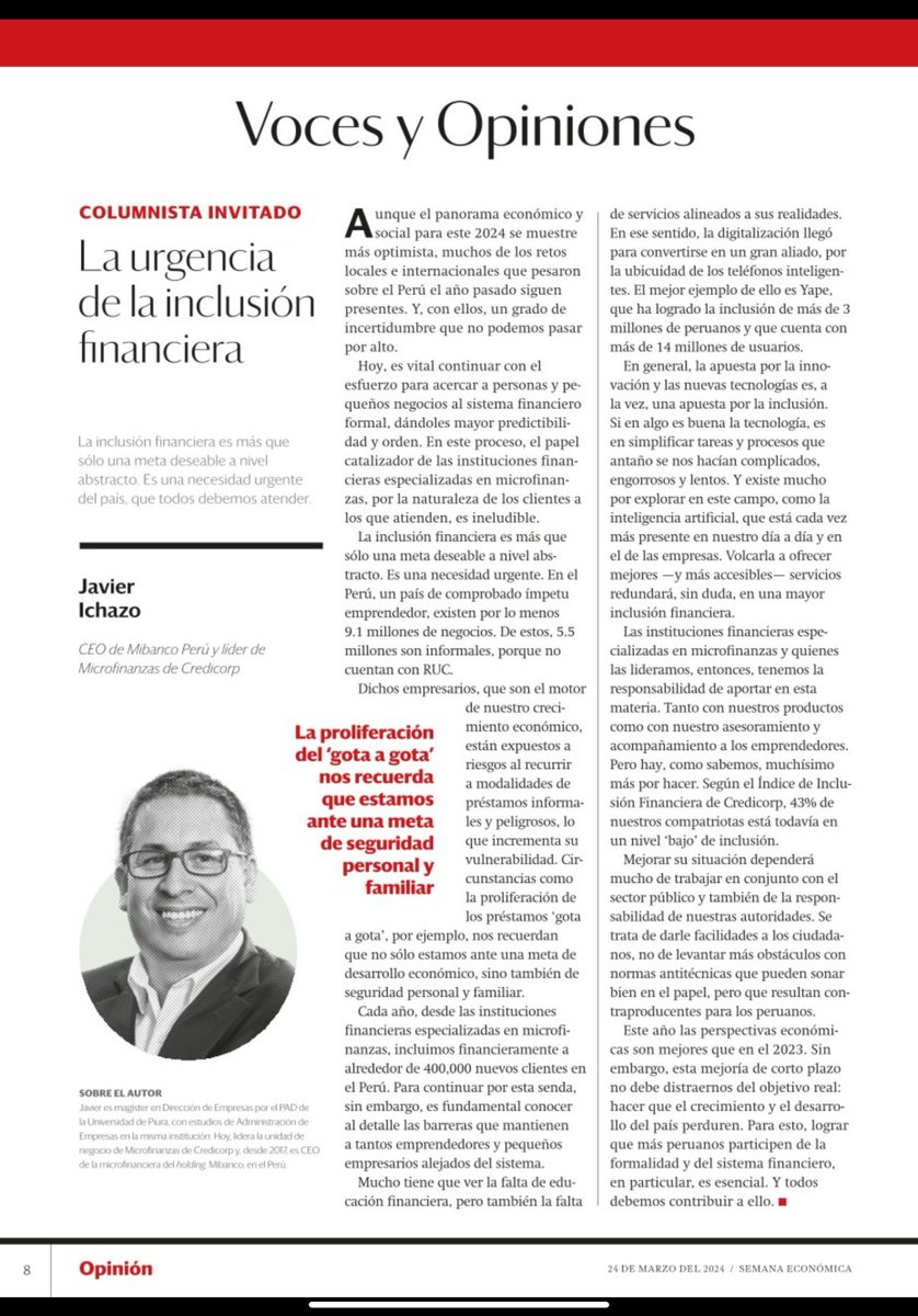 Comparto la reciente columna de Javier Ichazo, Gerente General de Mibanco Perú, en donde destaca la importancia de la colaboración entre el sector público y el privado para impulsar la inclusión financiera en el país.