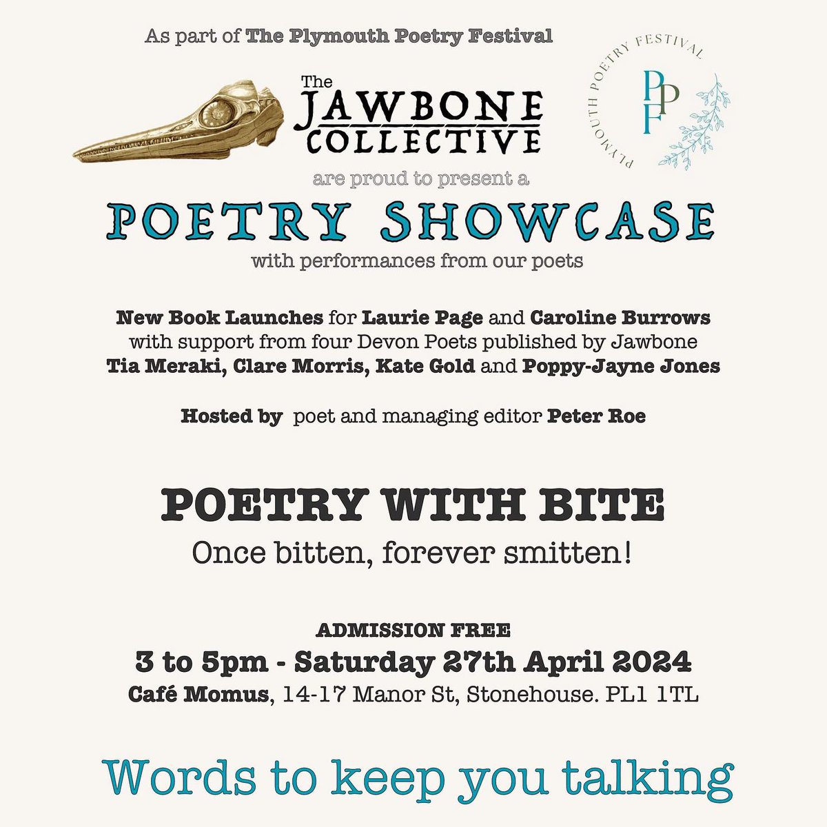 #ThisSaturday 27th April 3-5pm. Plymouth Poetry Festival! The @jawbonecollective showcase at Cafe Momus with: me reading my Verse Cyces; Laurie Page, Clare Morris @tia_meraki, Poppy Jane Mae, @kategoldartist, hosted by Sir Peter Roe. #plymouthpoetryfestival #indiepoetry