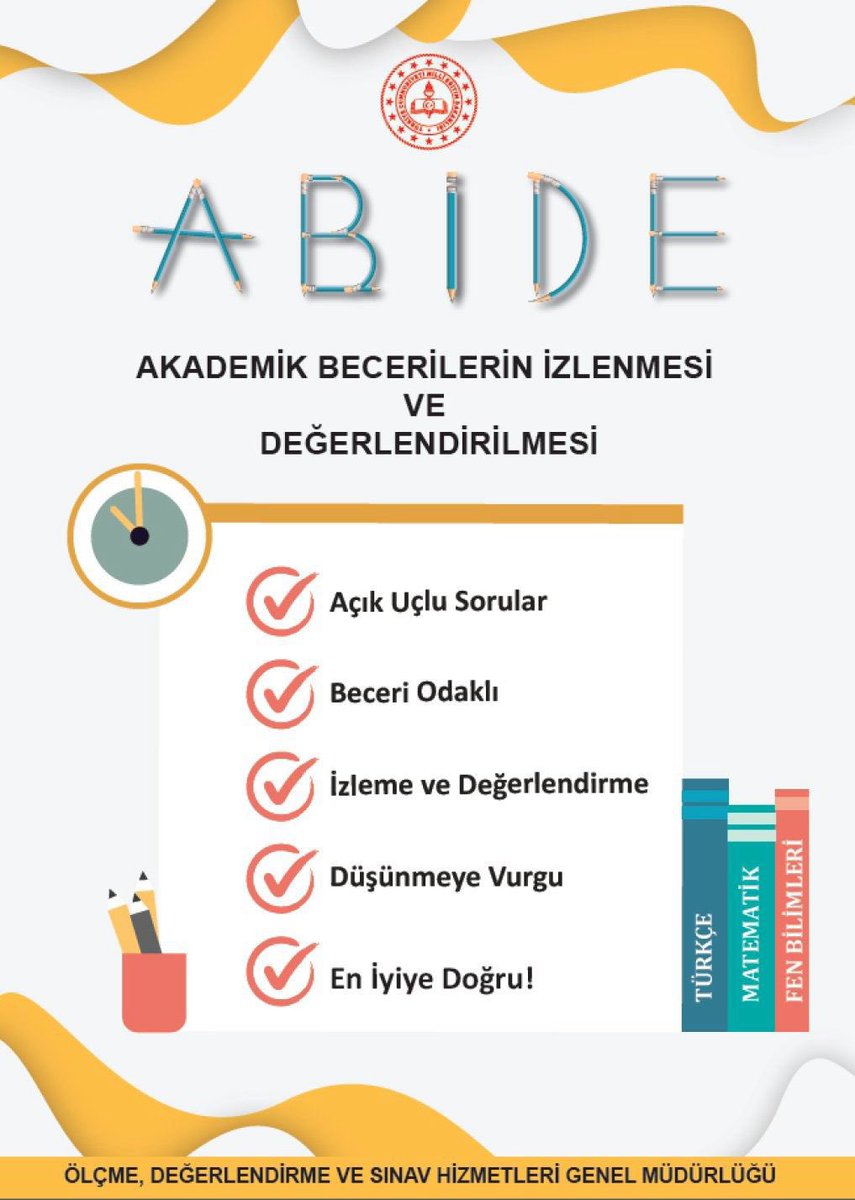 81 ilde yaklaşık 2️⃣3️⃣0️⃣bin öğrencinin katılımı ile Akademik Becerilerin İzlenmesi ve Değerlendirilmesi (ABİDE) 2024 uygulaması gerçekleştirilecektir. İlimizde örneklem dahilinde yer alan 27 okulumuz 6-10 Mayıs tarihleri arasında bu uygulamaya katılacaktır.<a href="/mebodsgm/">Ölçme, Değ. ve Sınav Hizmetleri Genel Müdürlüğü</a> <a href="/Bitlis_Mem/">Bitlis İl Milli Eğitim Müdürlüğü</a>