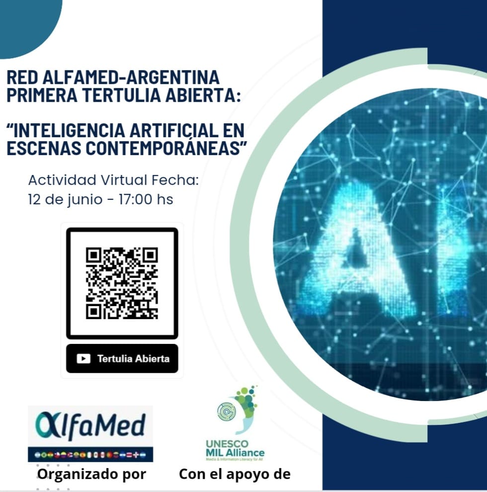 Participá de la 1era Tertulia Abierta organizada por el Capítulo Argentino de la Red de Competencias Mediática AlfaMed. Será un espacio de diálogo sobre investigaciones en marcha y discusiones vinculadas a IA y Educación. Encontrá toda la información en el QR