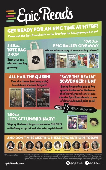 calling all attendees of @NTTBFest! join us for an *epic* time full of giveaways, scavenger hunts, and your fave authors! see you this Saturday 👋