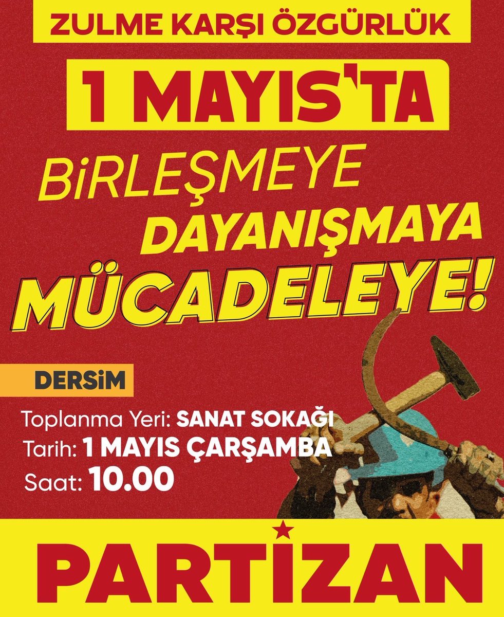 partizanresmi3's tweet photo. 🔻 Zulme karşı özgürlüğü savunmak için Dersim’de Partizan kortejinde buluşalım!

📅 1 Mayıs Çarşamba
⏱️ 10:00
📍 Sanat Sokağı

#1Mayıs2024 https://t.co/KCD91ISLiv