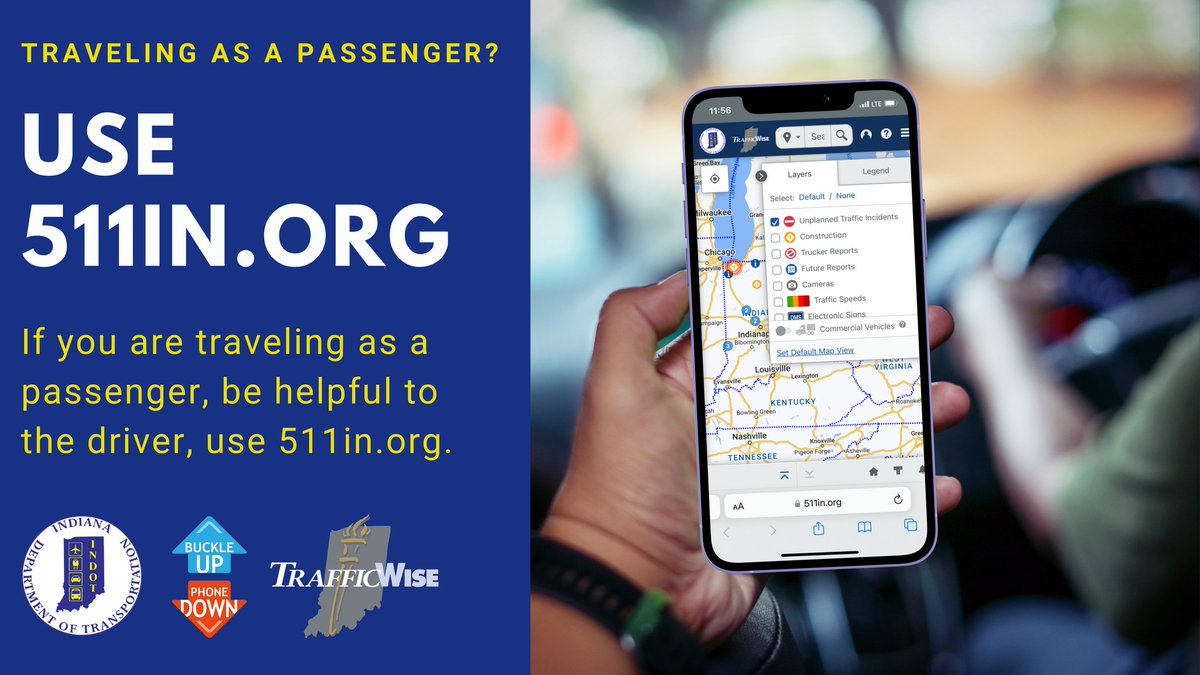 It's always a good idea to have your passengers check 511IN.org for the quickest route to any destination here in Indiana! 💡 Don't have a passenger? Be sure to 'know before you go' and check 511 before you head out! (It's free on Apple and Android devices). 👀