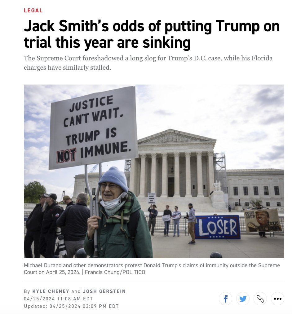NEW: Jack Smith's odds of putting Donald Trump on trial this year are sinking fast. w/ @joshgerstein politico.com/news/2024/04/2…