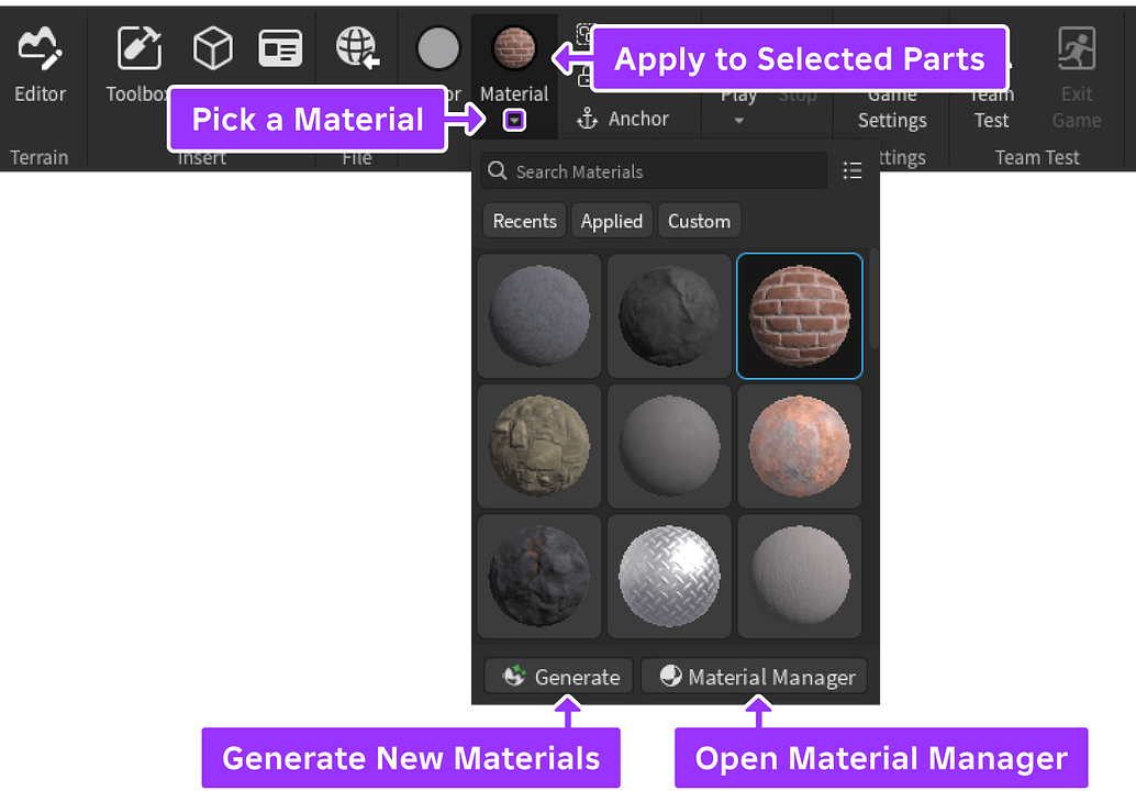 With the new Material Picker in #Roblox Studio, it's now easier to pick and select materials, as well as open the Material Generator and Material Manager, all in one menu on the Studio ribbon. Learn more on the Forum: devforum.roblox.com/t/2945587