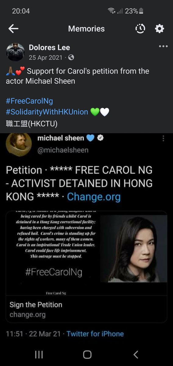 🙏🏾💙 This came up on my FB memories from 3 years ago. 

💙👏🏾 Huge thanks to actor @michaelsheen who, along with actress @carmenejogo were the first celebrities to support Carol's petition.  

#FreeCarolNg
#HongKong47
chng.it/pn6SWNmR