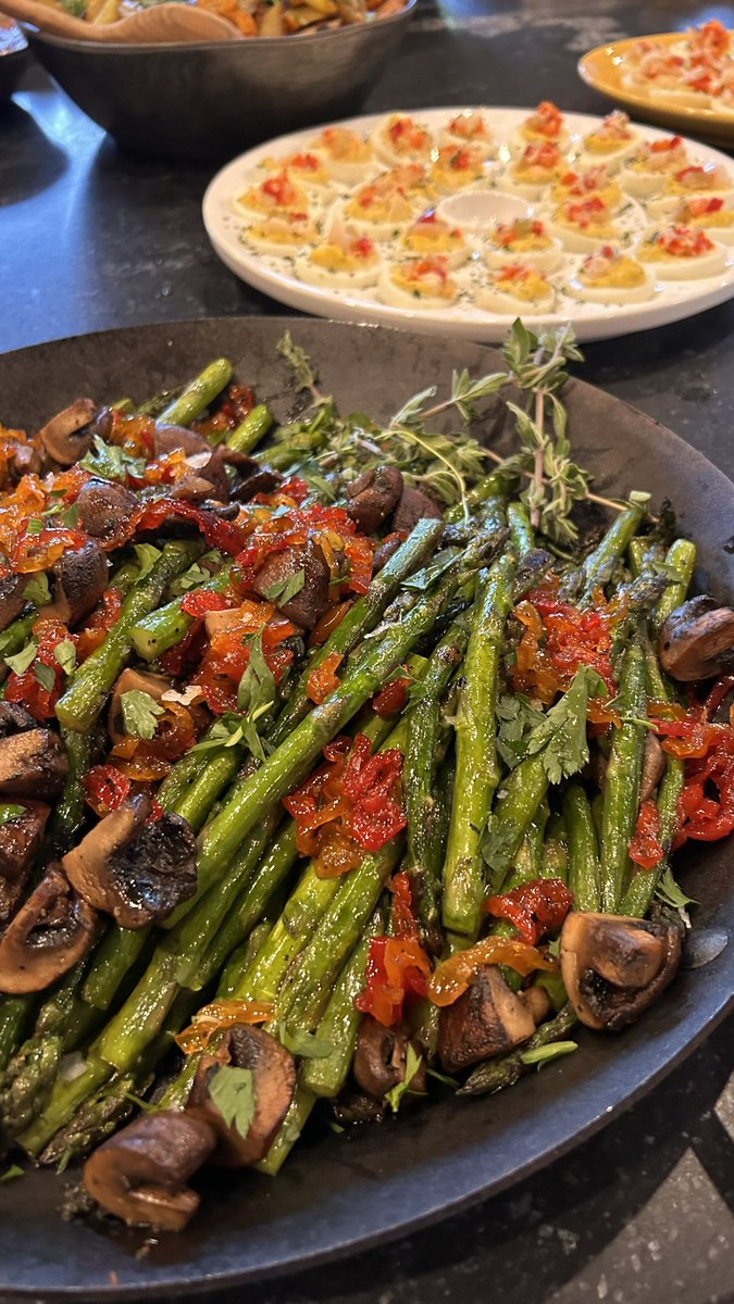 roasted asparagus with smoked mushrooms & candied peppers.