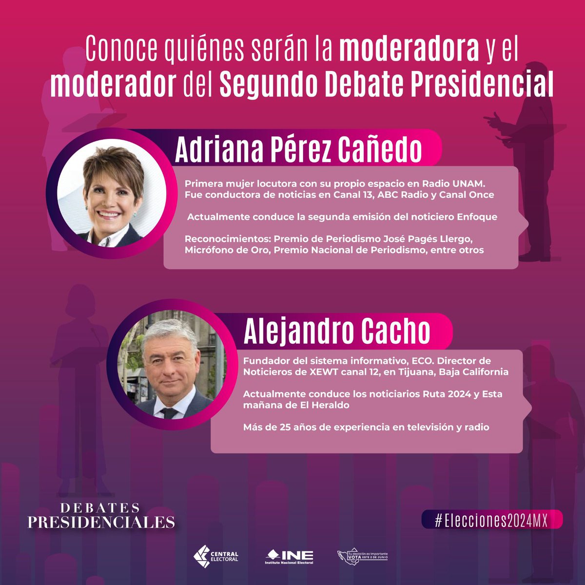 📢 Este domingo es el 2do #DebateINE, será moderado por @aperezcanedo y @Cachoperiodista, conoce sus trayectorias.