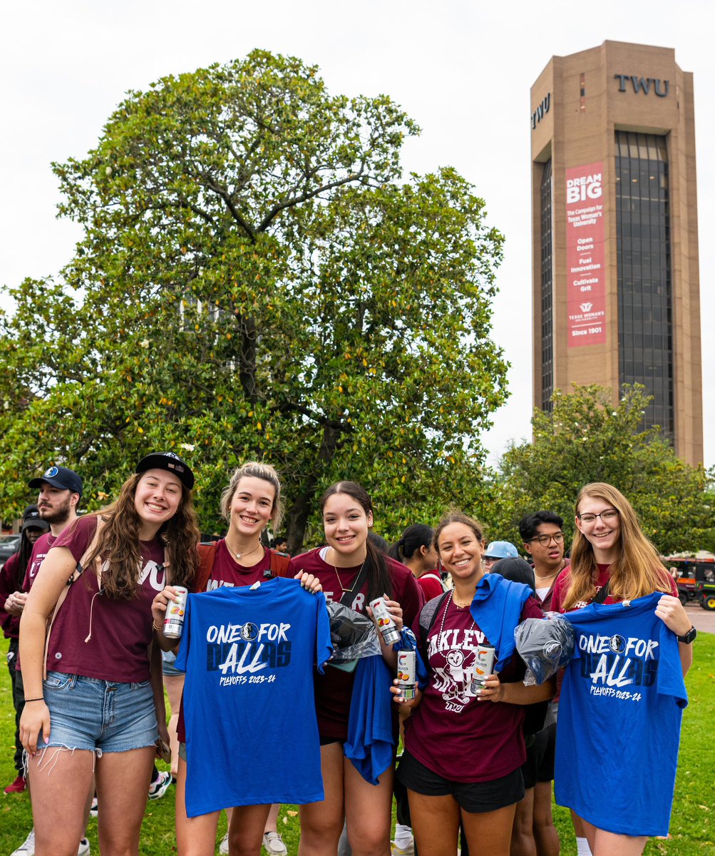 The @DallasMavs' Champ and the @MavsOffCourt team dropped off some playoff merch at TWU via 🚁! #OneForDallas