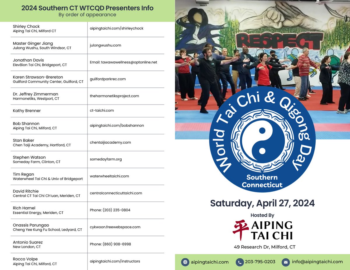 thestressbender's tweet photo. This Sat is World Tai Chi and Qigong Day. I'm hosting an event with some amazing presenters and will be livestreaming it on both our YouTube and Twitch channels (@aipingtaichi). We'll be live Sat 2PM - 6PM EST. Hope you can join us! https://t.co/UK7m9fT2Gu