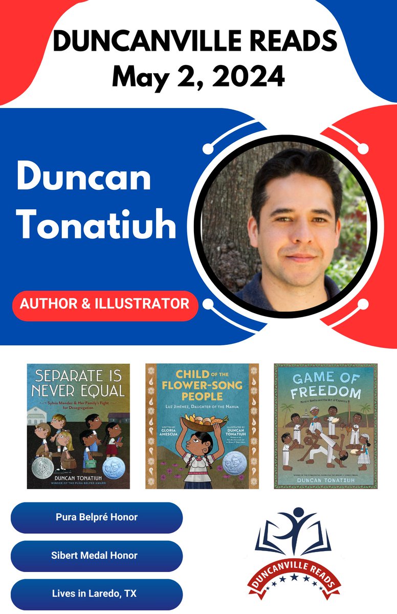 The sixth-annual 'Duncanville Reads' event is set for May 2nd where 10 authors will visit 16 of our elementary, intermediate and secondary campuses. One of the 10 featured authors is @duncantonatiuh! Learn more about him here ⤵️