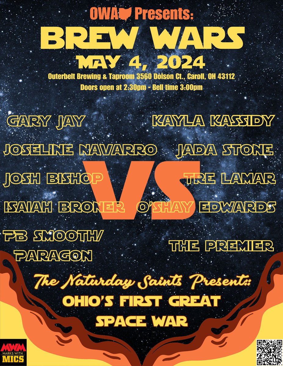 Brew Wars is less than 10 days away! May the 4th be with you as you join us at Outerbelt Brewing on 5/4/24.

Doors open: 2:30pm
Bell time: 3:00pm
Tix: tinyurl.com/outerbelt4

#OWABrew #BrewWars #indiewrestling #liveprowrestling #prowrestling #outerbeltbrewing