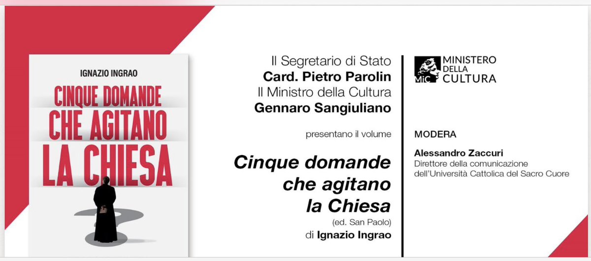 WarmGreetings to @IgnazioIngrao, 1ofMost famous vaticanists,who covers all subjects,related to🇻🇦,onRai1,withImportant event–presentation of hisBook“Cinque domande che agitano laChiesa”,which took place yesterday with participation ofCard.Parolin&Minister ofCulture of🇮🇹Sangiuliani