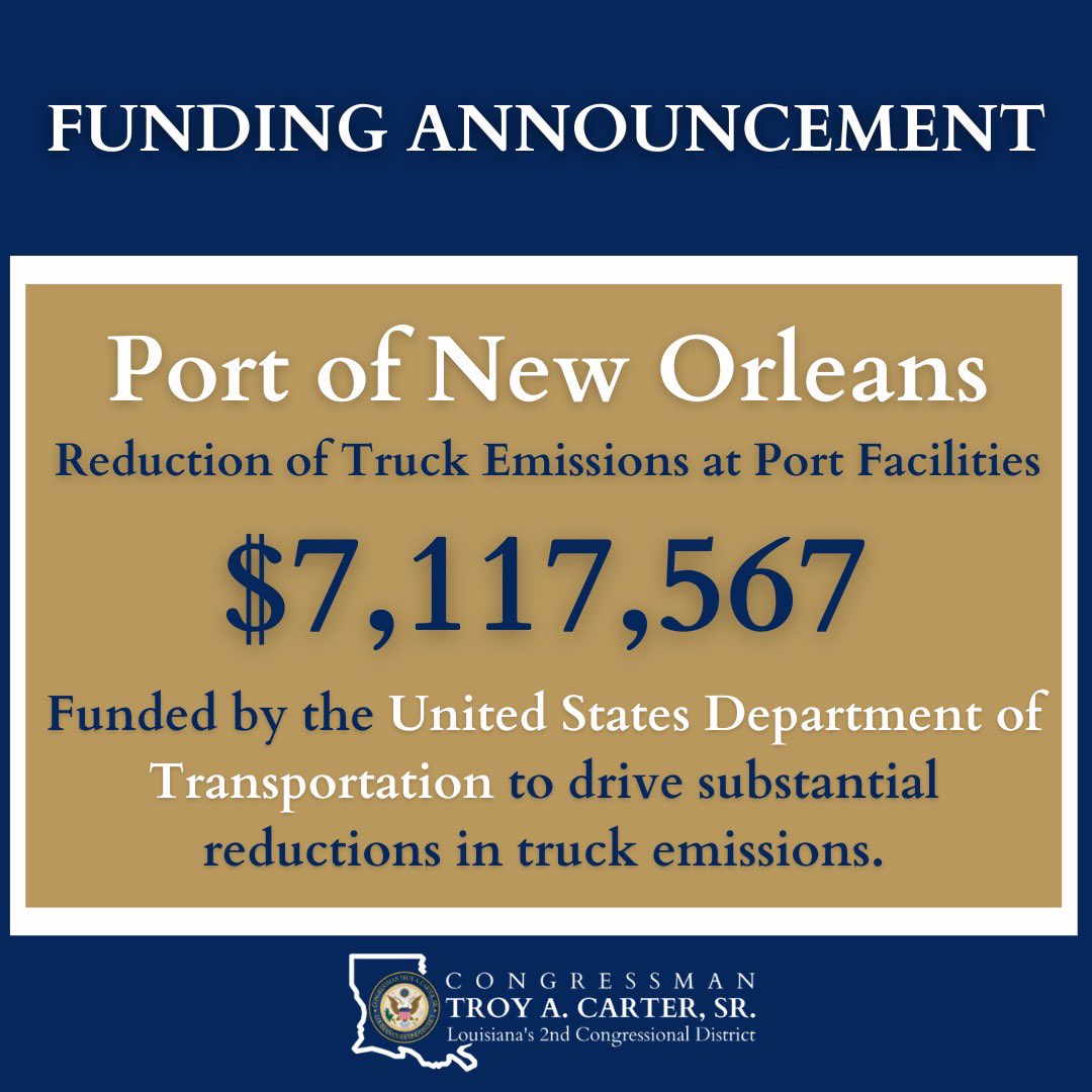 I’m proud to announce that @USDOT IS granting $7 MILLION to @PortNOLA to reduce truck emissions. This is vital for our environment and public health in #LA02 and was made possible by the #Infrastructure Investment and Jobs Act that I helped craft and voted for.