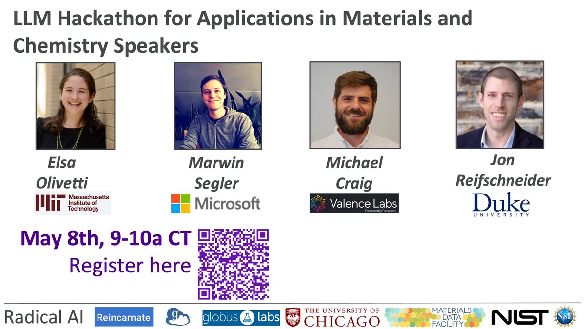 🚀Excited to announce the speaker list for the LLM Hackathon for Applications in Materials and Chemistry. This year, we will hear from experts from industry and academia including 🔶Elsa Olivetti (@OlivettiGroup, @MIT), 🔷Marwin Segler (@marwinsegler, @Microsoft), 🔶Michael…