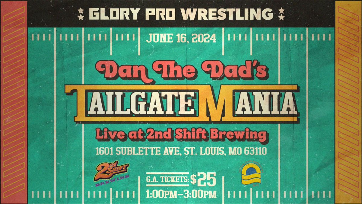 No plans for Father's Day? @ThanksDanTheDad and @2ndshiftbrewing have you covered! Introducing TailgateMania, a stacked Glory Pro Wrestling live event at 2nd Shift Brewing Sunday June 16 | 1-3pm Tickets on sale soon!