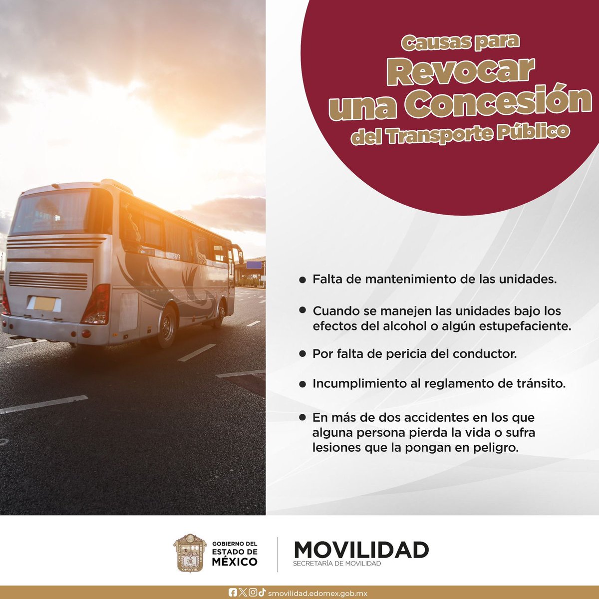 Una acción a favor de la modernización de la movilidad es revocar la concesión del transporte público, a aquellas unidades que carezcan de mantenimiento. #MovilidadParaTodos
@SEMOV_Edomex