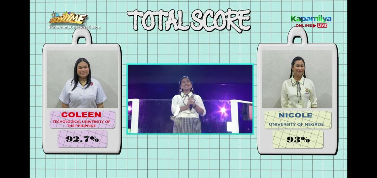 It's Showtime: Tawag Ng Tanghalan (The School Showdown)

Nicole J. Centeno from University of Negros Occidental-Recoletos officially passed the 'Entrance Exam'.

She is advanced to the 'Prelims' on Saturday, April 27, 2024.

Average Score: 93%

#ShowtimeCheckNaCheck