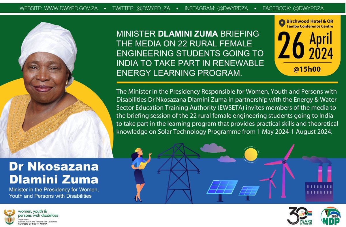 Minister @DlaminiZuma to brief the media on 22 female students who will be taking part in the Renewable Energy Program.