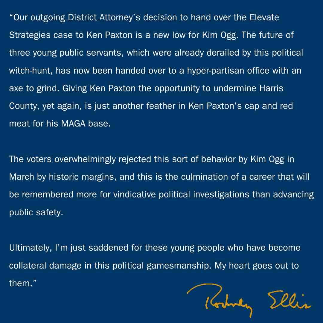 My statement on DA Kim Ogg’s shameful actions today: