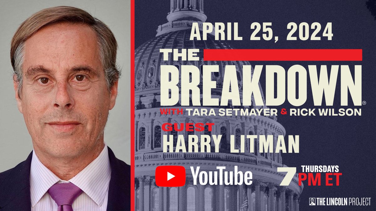 Need a break down of the SCOTUS Immunity Hearing? Former U.S. Attorney @HarryLitman joins hosts @TaraSetmayer and @TheRickWilson on The Breakdown this week to discuss in-depth Trump on trial. LIVE tonight at 7PM ET only on YouTube. youtube.com/live/EpA08Dv1Y…