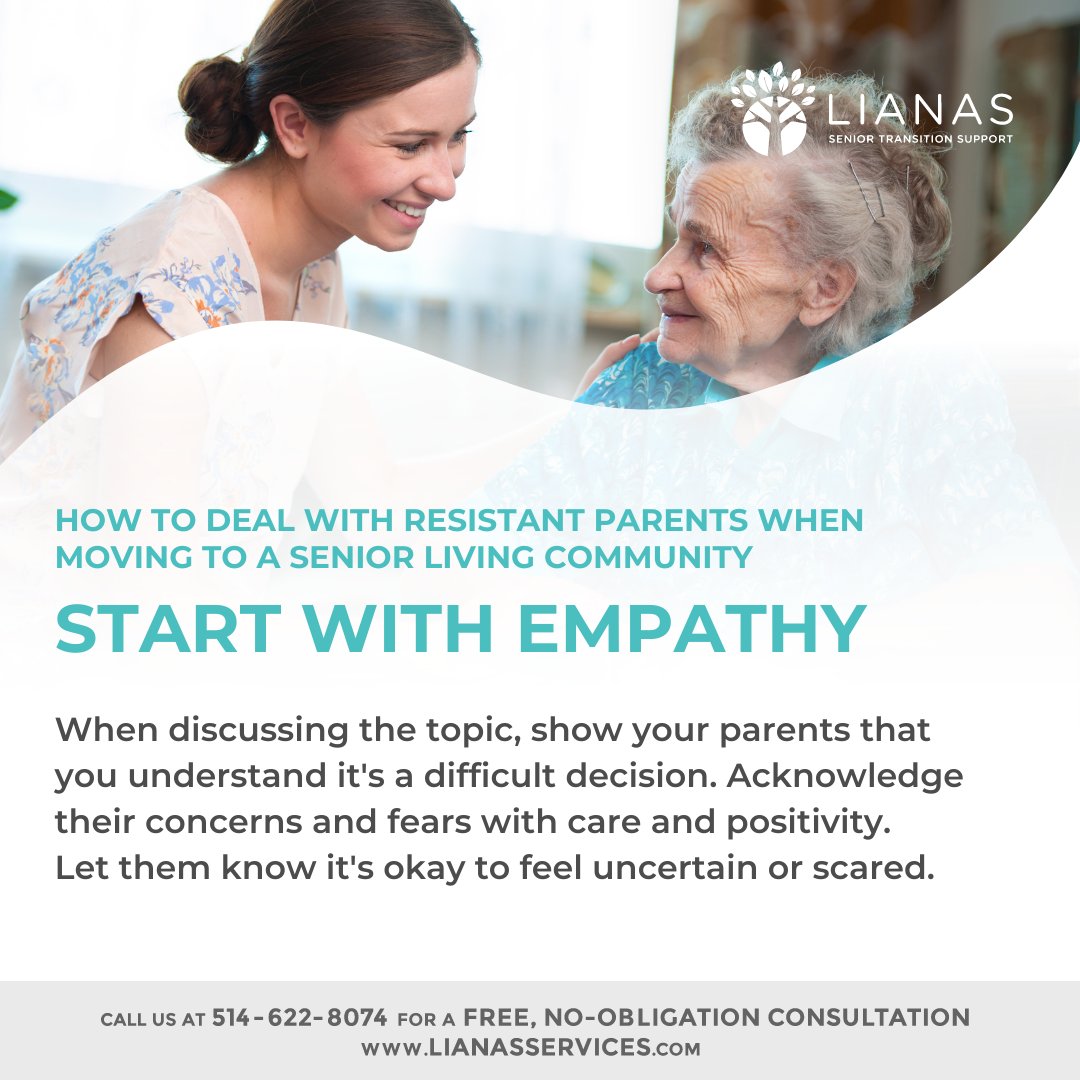 How to deal with resistant parents when moving to a senior living community: Start with empathy #helpingmomsanddads #seniorsupport #seniorcare #eldercare #seniorliving