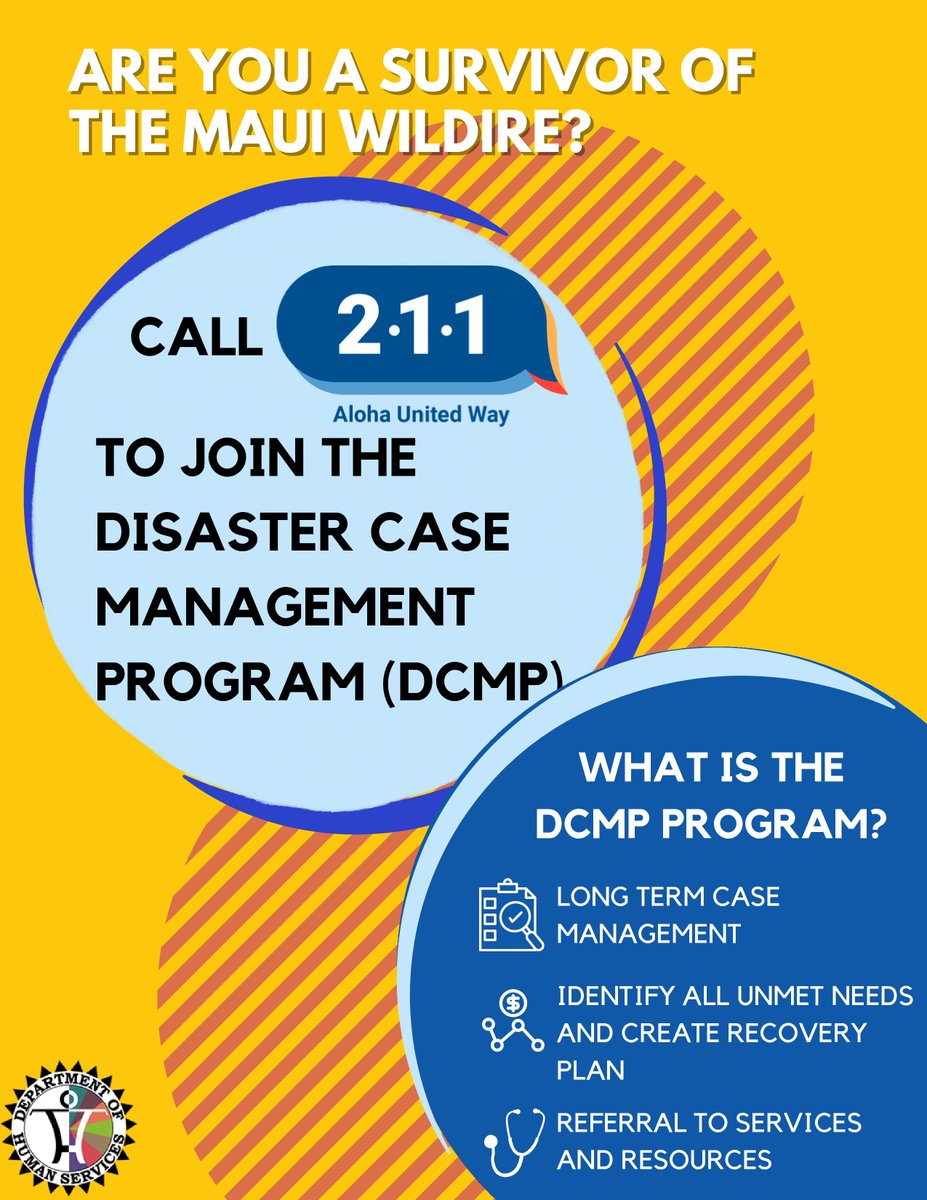 Impacted by the Maui Wildfires and Need Help?

📞Call 211 for Maui Disaster Case Management Program (DCMP) assistance! Long-term support tailored to your needs. Survivors, you're not alone.  #MauiStrong #DCMP