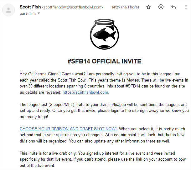 Fantasy Futebolista (@f_futebolista) on Twitter photo OMG!! IT'S HAPPENING!! 🏈🇧🇷
What a year to be a football fan in Brazil.
1st NFL game, 1st SFB Live Event and GUESS WHAT??
I'll intend to be in both of them! :)
Thanks <a href="/ScottFish24/">Scott Fish</a> and everybody that made this possible, especially my friends from <a href="/BrFFootball/">Fantasy Football no BrFF</a>!
#SFB14 🥹 OMG!! IT'S HAPPENING!! 🏈🇧🇷
What a year to be a football fan in Brazil.
1st NFL game, 1st SFB Live Event and GUESS WHAT??
I'll intend to be in both of them! :)
Thanks <a href="/ScottFish24/">Scott Fish</a> and everybody that made this possible, especially my friends from <a href="/BrFFootball/">Fantasy Football no BrFF</a>!
#SFB14 🥹